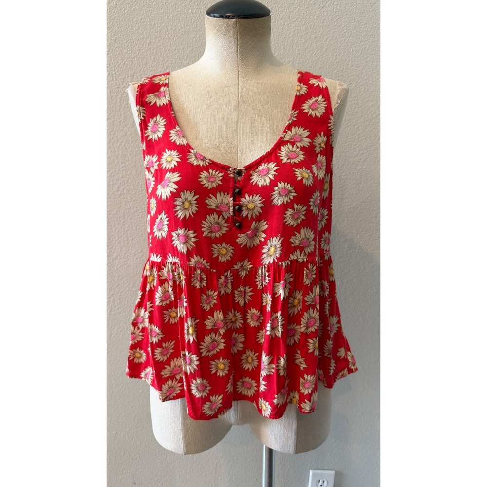 Forever 21 Women's Medium Red Daisy Floral Sleeveless Peplum Tank Top Boho